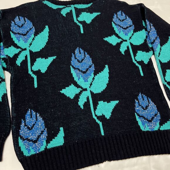 Vintage whimsigoth sweater black Turquoise floral ITALY Acrylic Oversized S - Picture 9 of 9